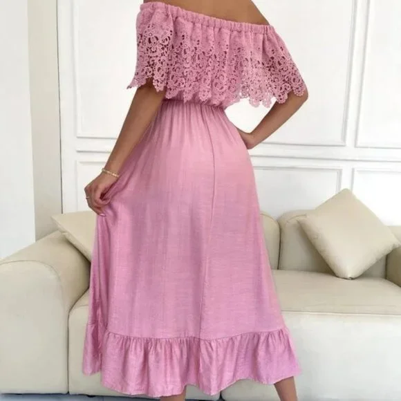Lace Overplayed ruffled Off shoulder Midi Dress  PINK - Picture 5 of 6